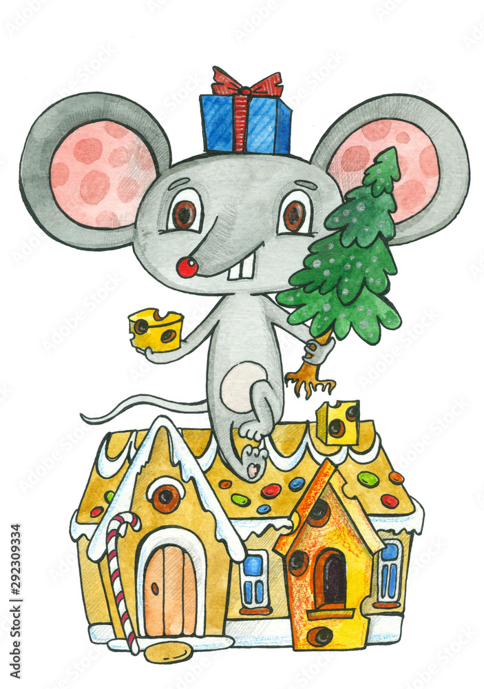 Obraz premium Christmas mouse and gingerbread house, watercolor illustration with a mouse, a symbol of the new year 2020