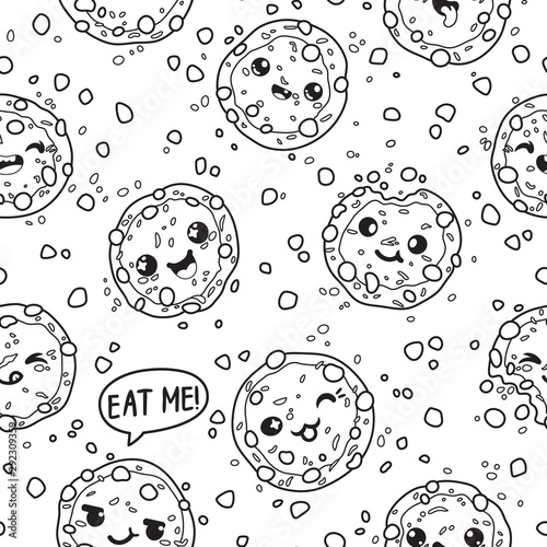 Ink cookies kawaii characters seamless pattern. Sketch style. Vector illustration