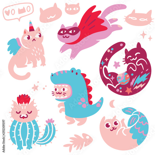 Set with different hand drawn kawaii cats, mermaid, unicorn, dinosaur and super hero. Vector illustration
