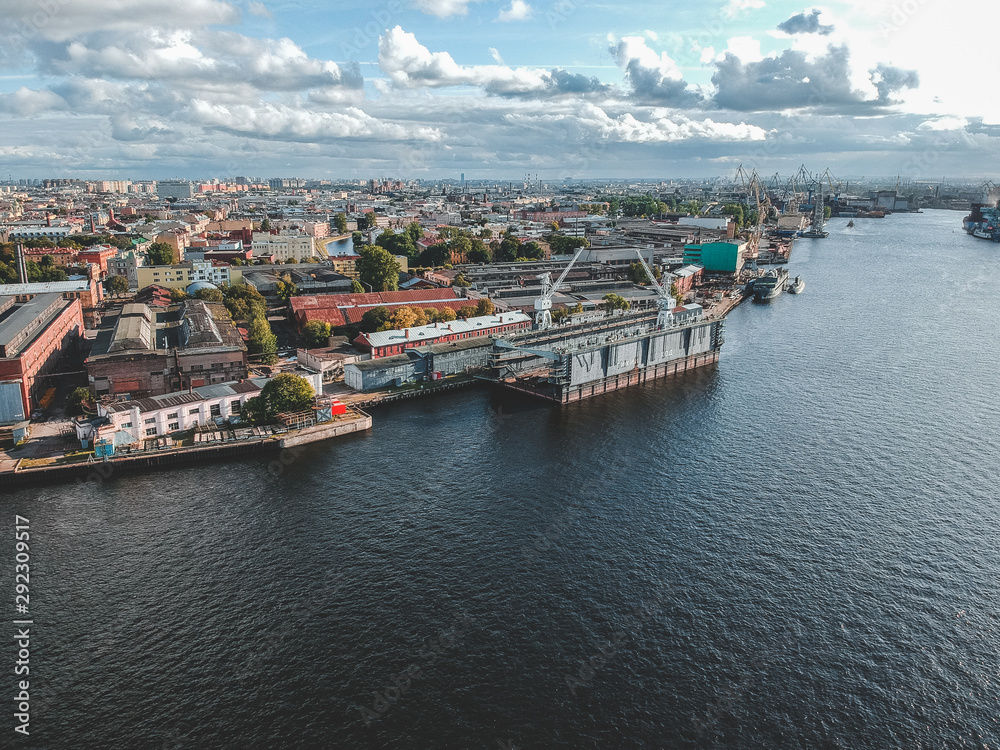 Aerial photography of the port, city center, Neva river, St. Petersburg, Russia.