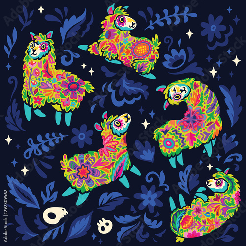 Dia de los Muertos, Day of the Dead or Halloween seamless pattern with floral alpacas