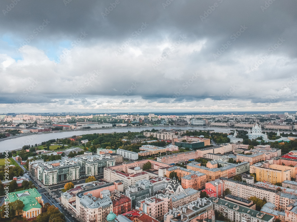 Aerial photography of residential buildings in the Park, city center, old buildings, St. Petersburg, Russia