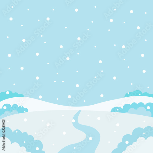 Winter nature, landscape. Field, snowy white hills, snowdrifts, sky with snowflakes, meadow. Vector illustration