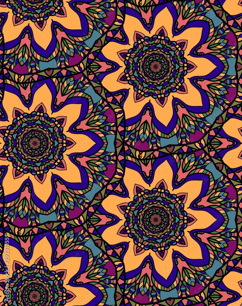 Seamless repeating floral pattern consisting of mandalas