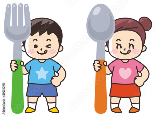 スプーンとフォークを持つ子供