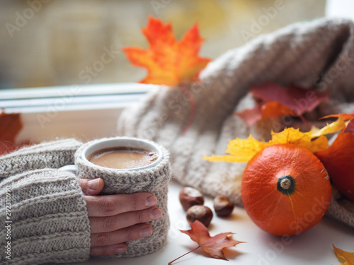 Tableau sur toile Women's hands holding a Cup of hot coffee or chocolate