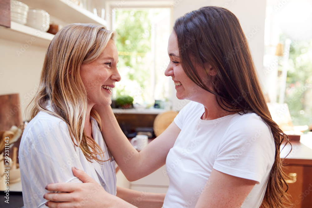 Loving Female Gay Couple Hugging At Home In Kitchen Loving Female Gay Couple Hugging At Home In Kitchen