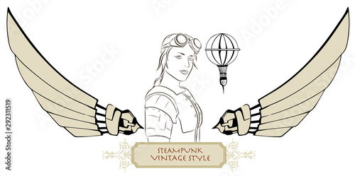 Vintage steampunk girl, airship, wings frame 
