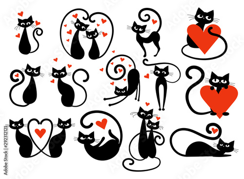 Set of black cats with hearts. Collection of cats in love. Vector illustration for kids. Tattoo.