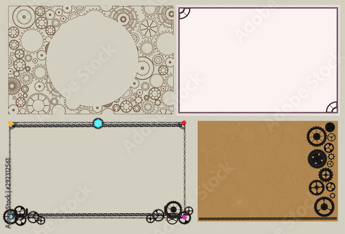 Vintage Steampunk frame set, border background, cogs and gears invitation letter, wings and airship