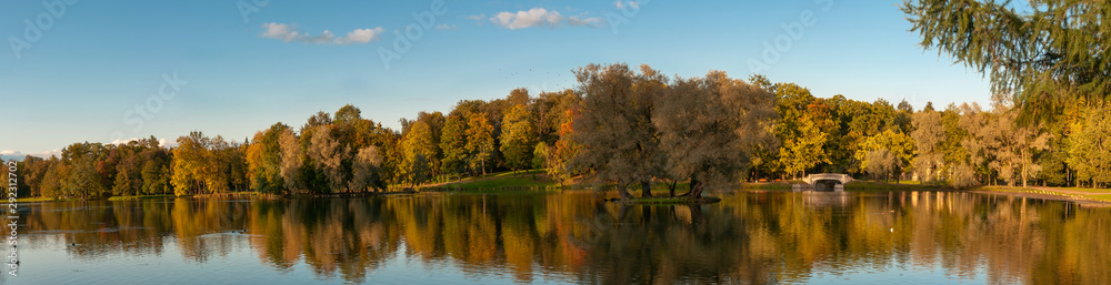 panorama of park in Gatchina in the Indian summer.