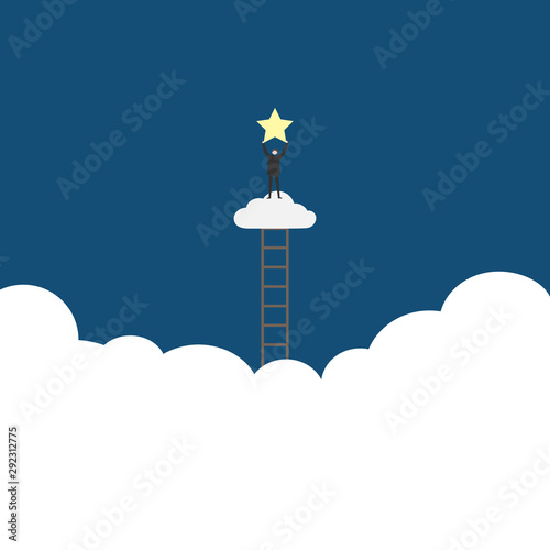Success business competition concept vector and illustration, businessman climbing the ladder and got the victory star.