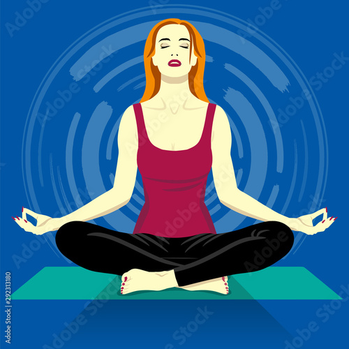 Young woman meditating in sitting pose, minimalis comics style illustration photo