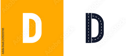 Letter D. Road font. Typography vector design with street lines. On white and yellow background