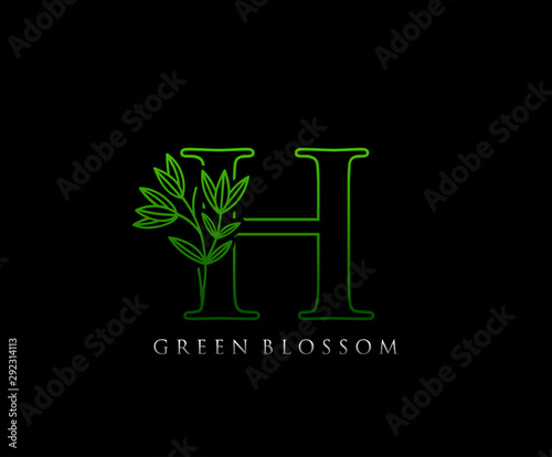 Green Leaves Letter H Logo Icon . Initial Letter H Design Vector Green Color.  Initials stamp line art sign symbol.
