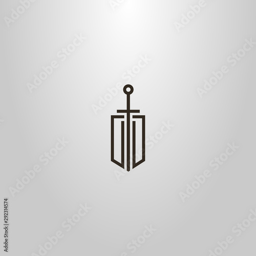 black and white simple vector modern minimalistic line art sign of sword on a shield
