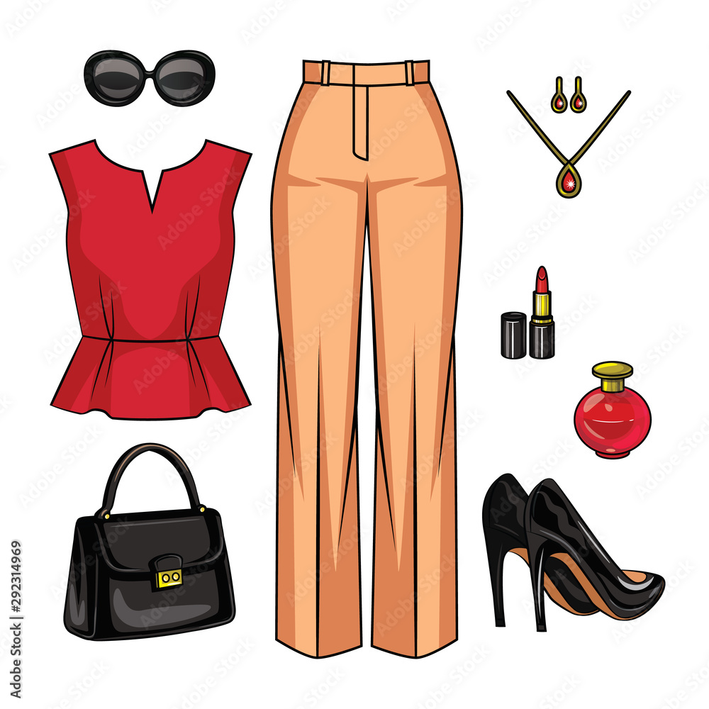Color vector realistic illustration of a female outfit. Set of fashionable women's  clothing and accessories isolated from white background. Elegant clothes,  shoes and accessories for a business woman Stock Vector