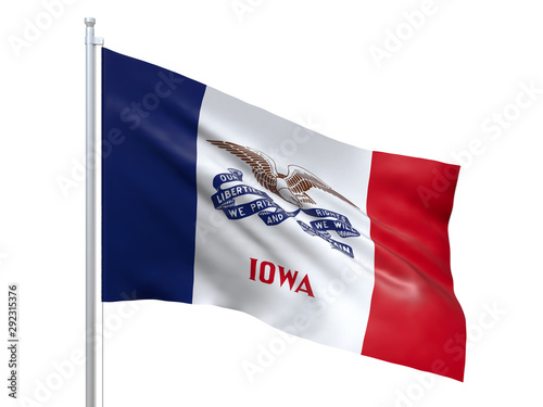 Iowa (U.S. state) flag waving on white background, close up, isolated. 3D render