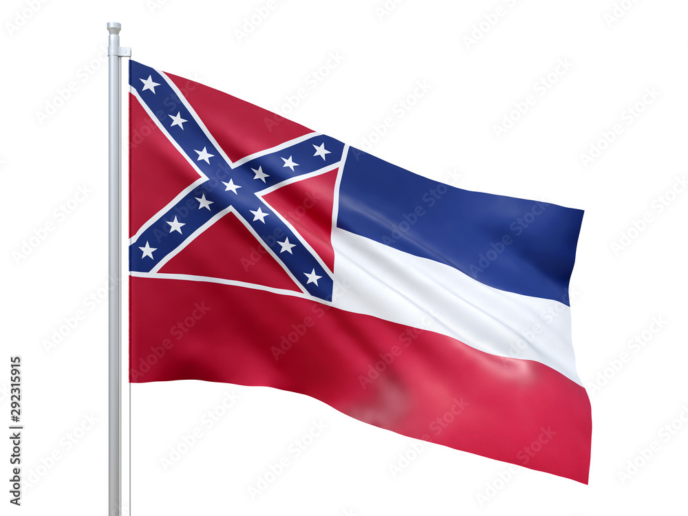 Mississippi (U.S. state) flag waving on white background, close up, isolated. 3D render