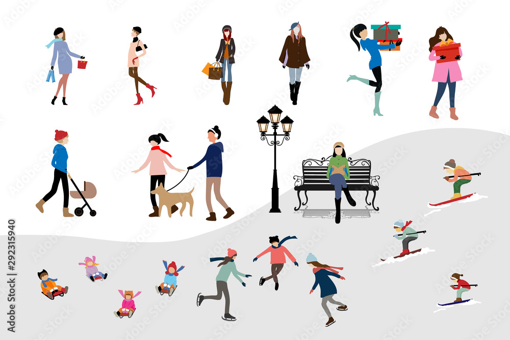 Set of winter character with tiny people having fun outdoor activities or celebrating on Christmas and new year, women walking on city streets and shopping, teenager skiing, kids playing ice skates.