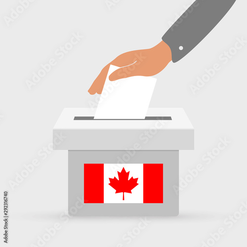  Flat hand putting vote bulletin into ballot box with flag icon. Election concept in Сanada