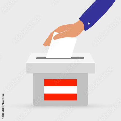 Flat hand putting vote bulletin into ballot box with flag icon. Election concept in Austria