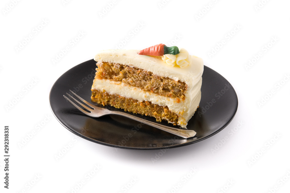 Sweet carrot cake slice on a plate isolated on white background Sweet carrot cake slice on a plate isolated on white background