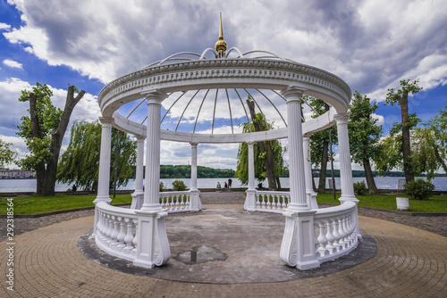 White pavilion on the Love Islet on a lake in Ternopil city, Ukraine photo