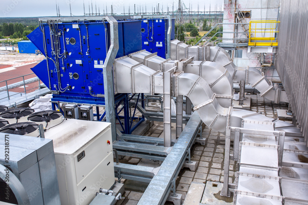 External infrastructure of the microclimate support system at a large industrial site. Air pipelines inlet and exhaust. Fans and air conditioning. Systems of control of pressure, humidity, temperature External infrastructure of the microclimate support system at a large industrial site. Air pipelines inlet and exhaust. Fans and air conditioning. Systems of control of pressure, humidity, temperature