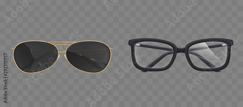 Broken eyeglasses and sunglasses set. Old fashioned spectacles with plastic rectangular frames and modern black sun goggles with damaged cracked lenses front view. Realistic 3d vector illustration