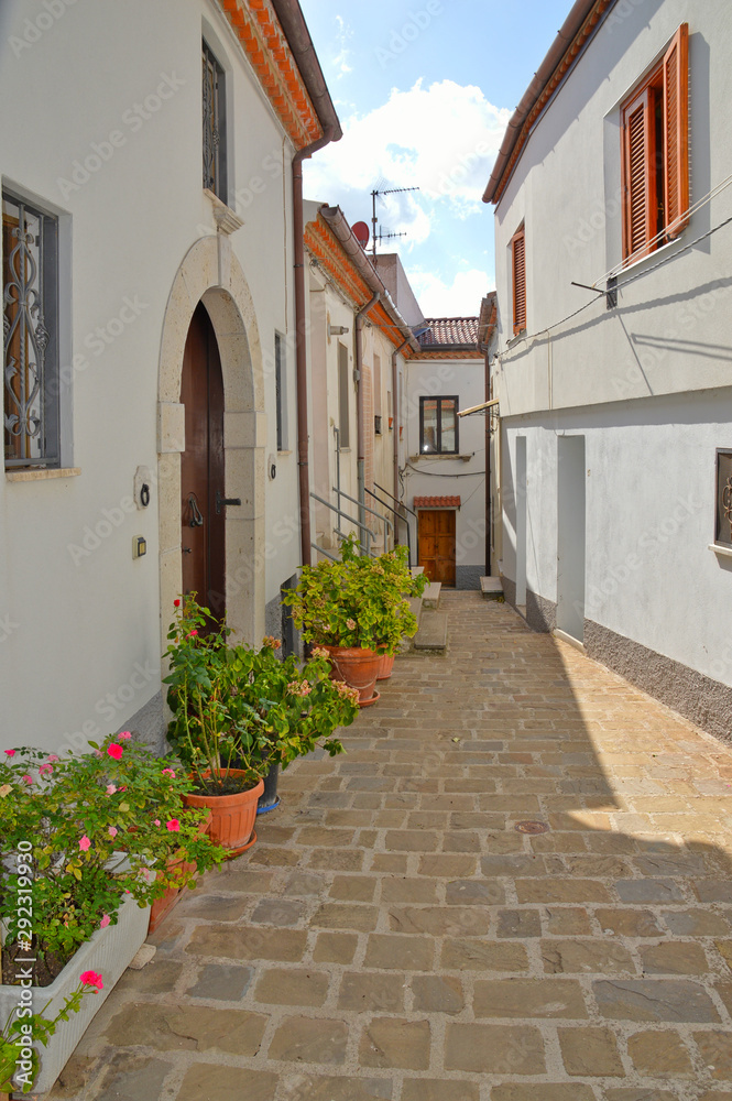 Fototapeta Brindisi di Montagna, a narrow street among the old houses of a mountain village in the Basilicata region.