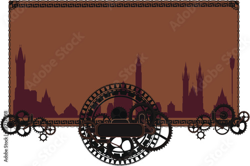 Prague vintage skyline frame, vector banner background cogs, gears, sign menu wheel, old retro, steampunk logo