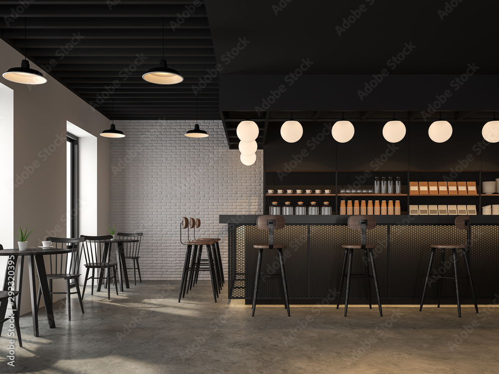 The coffee shop with industrial loft style design has concrete floors