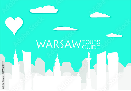 Warsaw silhouette, paper cut stile vector skyline illustration, clouds, airship, collage icon, city panorama