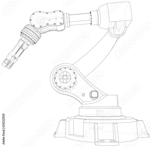 Robot arm, industrial machinery. Technical illustration wire-frame. Vector rendering of 3d.