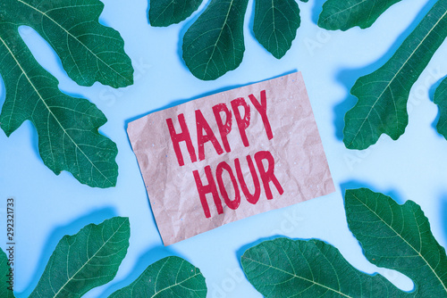 Word writing text Happy Hour. Business photo showcasing Spending time for activities that makes you relax for a while photo