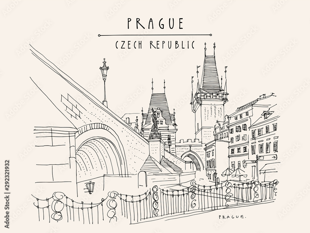 Prague, Czech Republic. Charles Bridge (Karluv Most). Prague famous landmark. Travel sketch. Horizontal hand drawn vintage touristic postcard, poster,  artistic drawing illustration. EPS10 vector