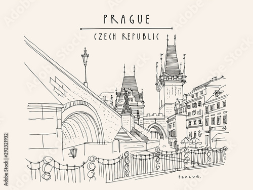 Prague, Czech Republic. Charles Bridge (Karluv Most). Prague famous landmark. Travel sketch. Horizontal hand drawn vintage touristic postcard, poster,  artistic drawing illustration. EPS10 vector