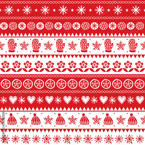 Christmas Scandinavian folk art vector seamless pattern, winter red and white ornament hand drawn style