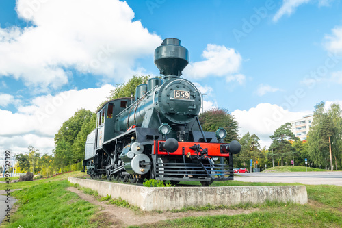 Kouvola, Finland - 22 September, 2019: Old steam locomotive as an exhibit at the Kouvola railway station in Finland.