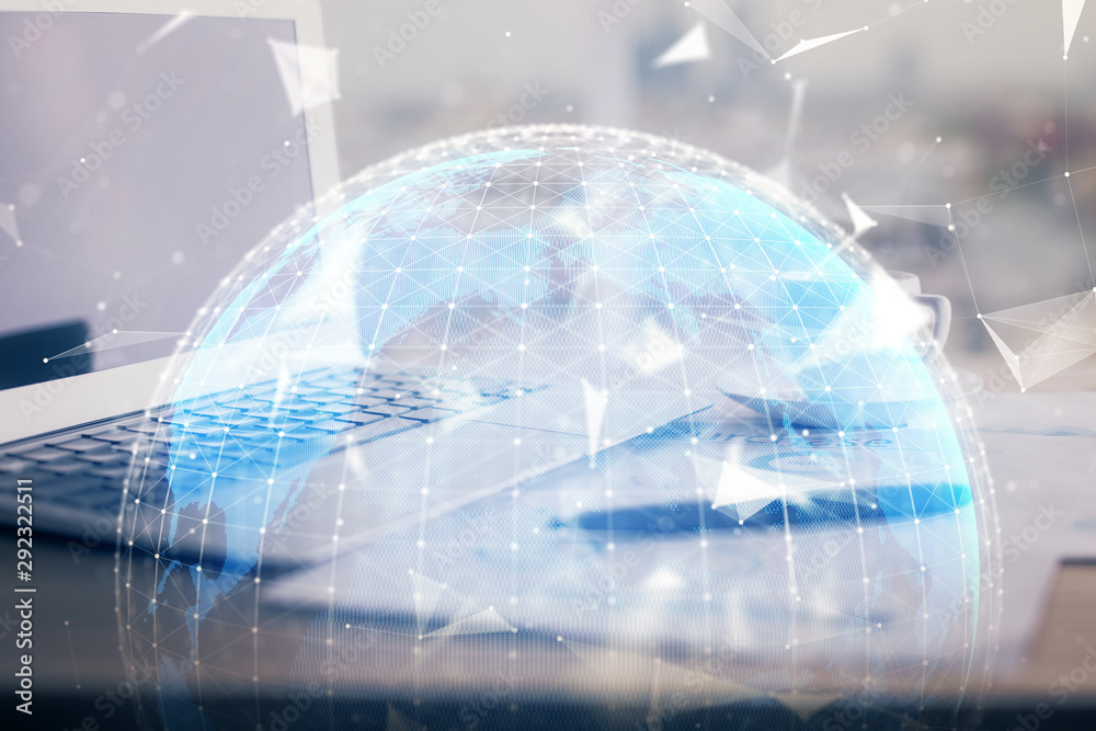 Double exposure of business theme icons and work space with computer background. Concept of success. Double exposure of business theme icons and work space with computer background. Concept of success.