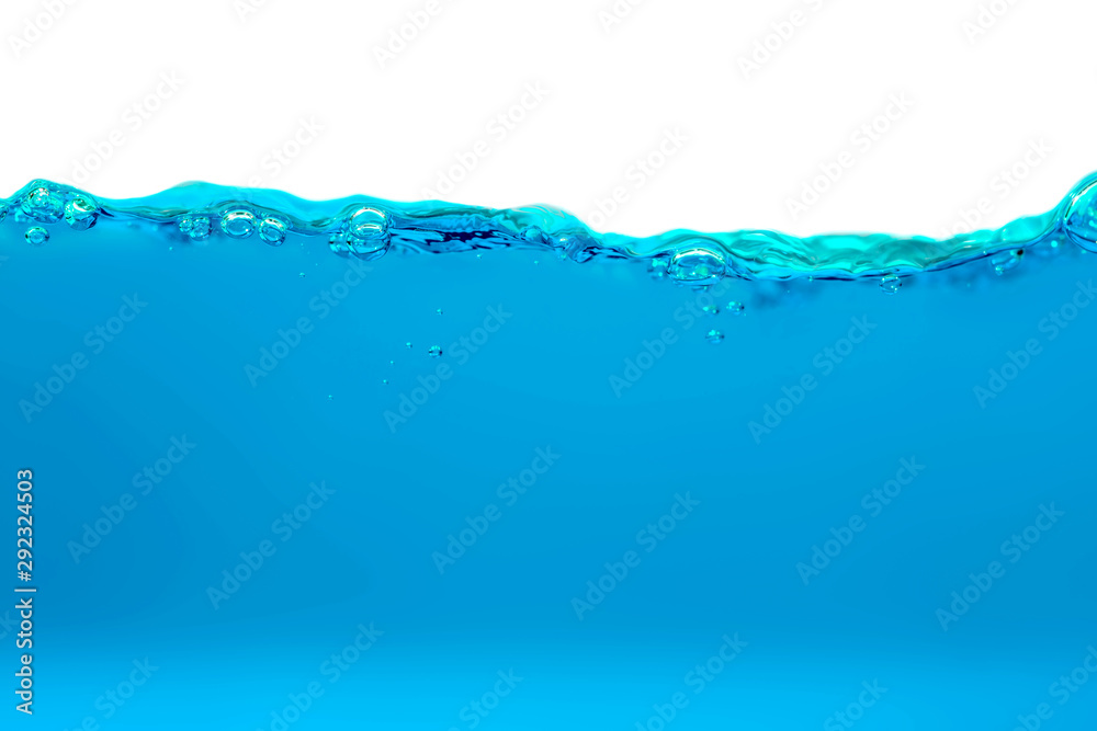 the Close up blue Water splash and air bubbles on white background the Close up blue Water splash and air bubbles on white background