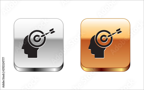 Black Head hunting concept icon isolated on white background. Business target or Employment sign. Human resource and recruitment for business. Silver-gold square button. Vector Illustration