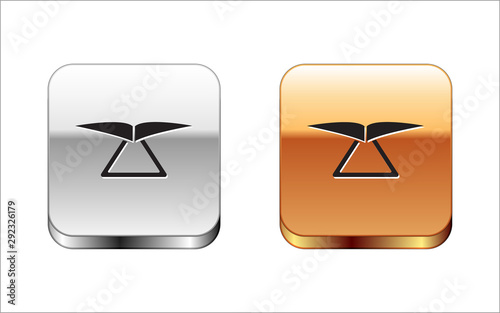 Black Hang glider icon isolated on white background. Extreme sport. Silver-gold square button. Vector Illustration