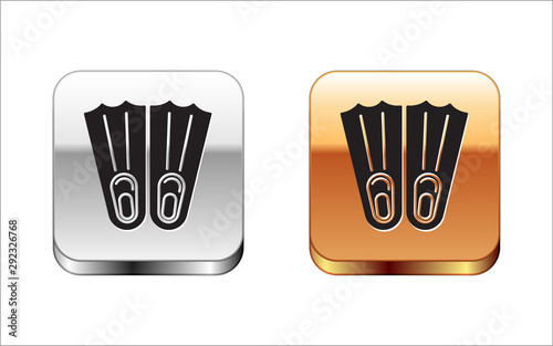 Black Rubber flippers for swimming icon isolated on white background. Diving equipment. Extreme sport. Sport equipment. Silver-gold square button. Vector Illustration