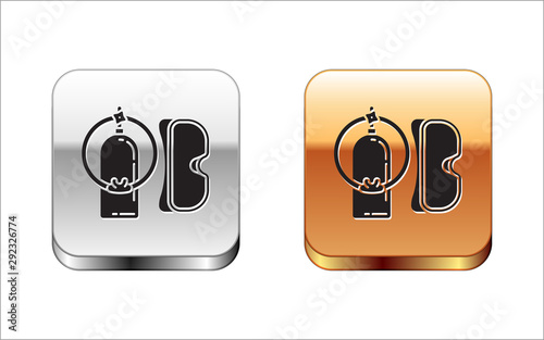 Black Diving mask and aqualung icon isolated on white background. Oxygen tank for diver. Extreme sport. Sport equipment. Silver-gold square button. Vector Illustration