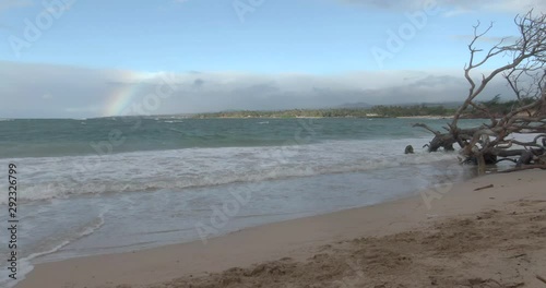 Windy day at the beach with a backgroud Rainbow