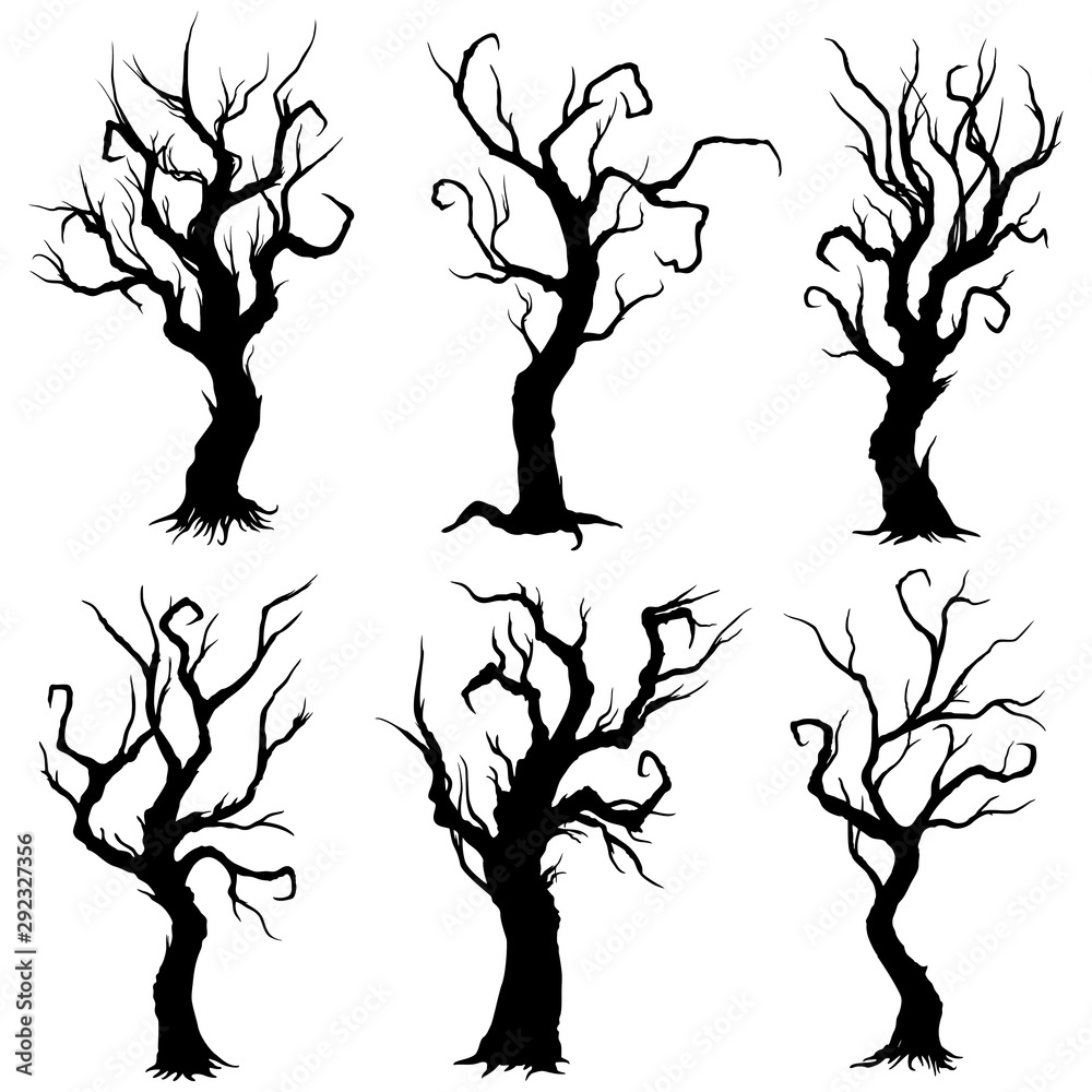 Halloween bold trees silhouettes set/ Illustration fantasy bold decorative trees silhouettes