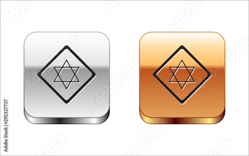 Black Star of David icon isolated on white background. Jewish religion symbol. Symbol of Israel. Silver-gold square button. Vector Illustration