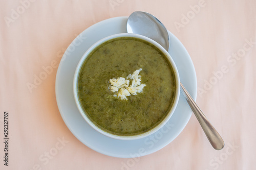 Green cream soup from spinach  close up